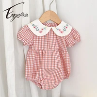 engepapa summer infant clothes baby girl rompers doll collar cute bodysuit embroidery grid jumpsuits sweet toddler clothing