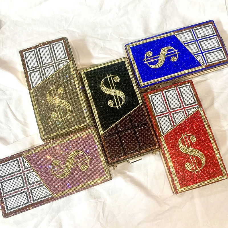 

Shiny Diamonds Money Evening Clutch Bags Women Chocolate Design Handbag and Purse for Female Elegant Square Dollar Chain Flaps