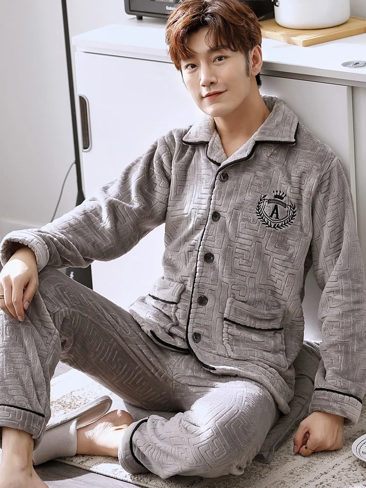 Casual loose sleepwear long sleeve coral fleece thicken warm winter bedroom plus size sleepwear Szata Zestawy Men's Sleep DB60SY
