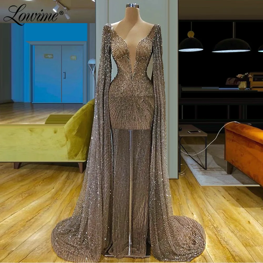 

Puffy Long Sleeves Glitter Evening Dress Robe De Soiree 2020 See Through Islamic Kaftan Dubai Party Gowns Mermaid Prom Dresses