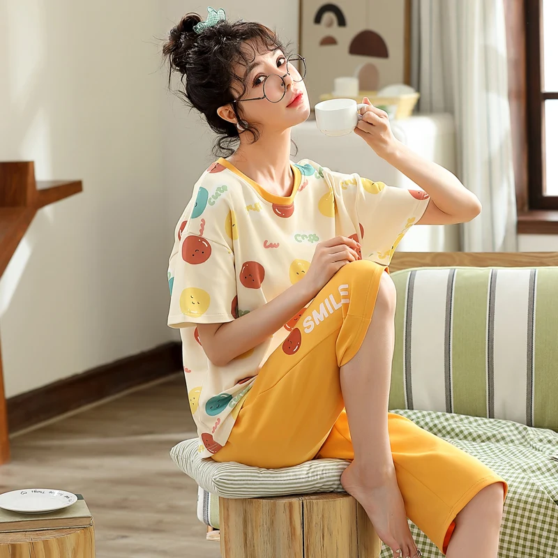 

Summer Spring Cotton Soft Women's Korean Casual Plus Size Home Wear Cartoon Cute Little Print Ladies Round Neck Sleepwear Suit