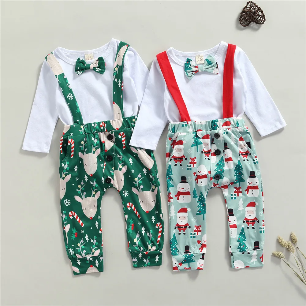 

Baby Boy Christmas Clothes Set Bowtie Bodysuit Romper Santa Claus Bib Pants Overalls 0-18M Newborn Infant Festival Costume 2021