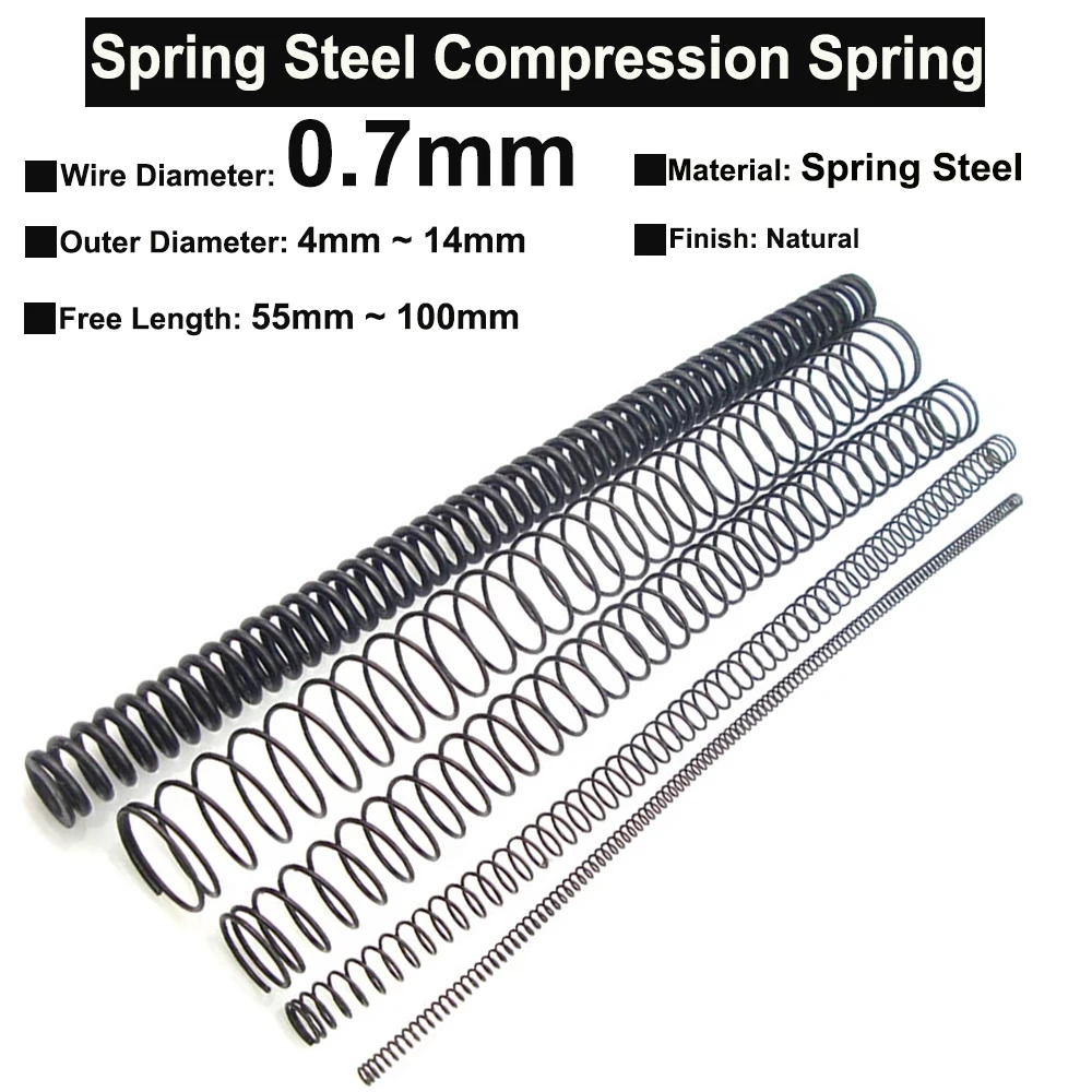 

5Pcs Wire Diameter φ0.7mm Spring Steel Compression Spring Long Pressure Spring OD 4mm ~ 14mm Free Length 55mm ~ 100mm