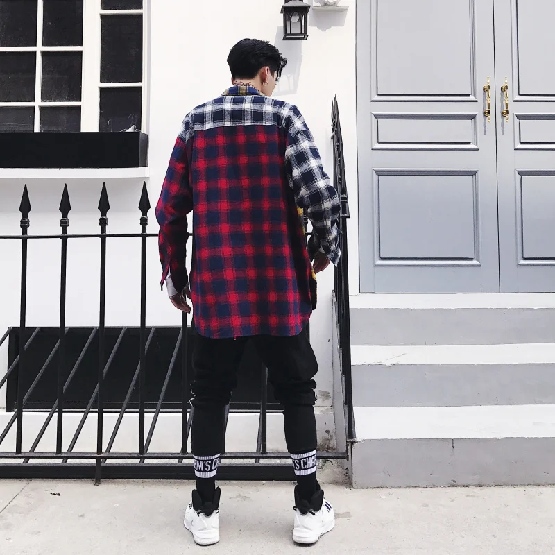 Стильная одежда в стиле хип-хоп весна-осень 2019 унисекс Лоскутная рубашка клетку