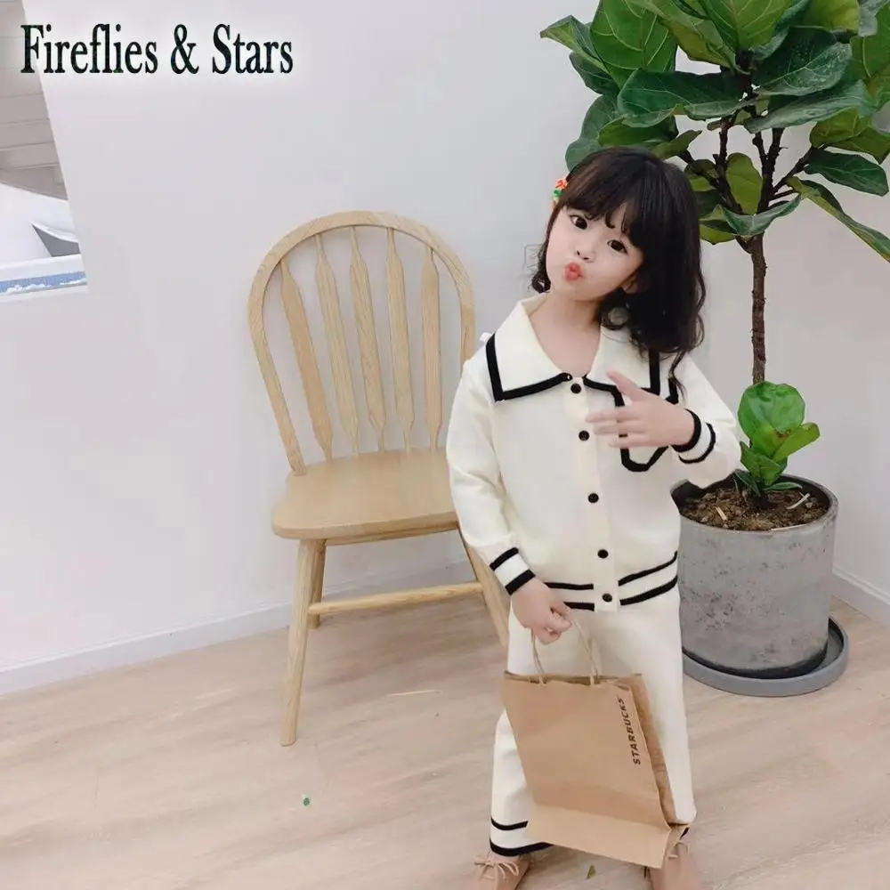 Spring Autumn girls 2 pcs set baby cardigan + wide pants kids knitted suit children brand clothes striped pocket 4 to 12 yrs | Детская