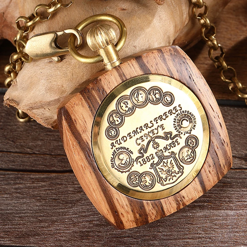 Wooden Mechanical Pocket Watch for Men Antique Golden Square Zebra Wood Case Gold Back Engraved Fob Chain Clock Dropshipping