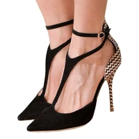 suede black t strap pumps stiletto high heels sexy pointed toe patchwork runway dress women high heels shoes ankle strap pumps