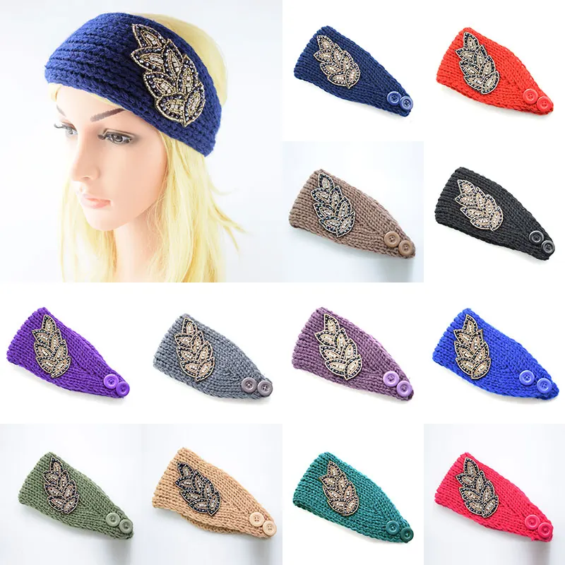 Женская зимняя однотонная вязаная повязка на голову со стразами теплый
