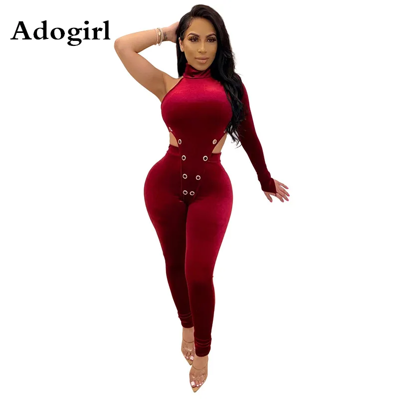 

Бархатный комплект из 2 предметов, сексуальный боди с длинным рукавом на одно плечо и высоким воротником и брюки, женский спортивный костюм, ...