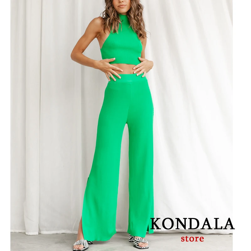 

KONDALA Za 2022 Green Knitted Women Suits Sleeveless O Neck Slim Crop Tops and High Waist Wide Leg Long Pants Streetwear Suits