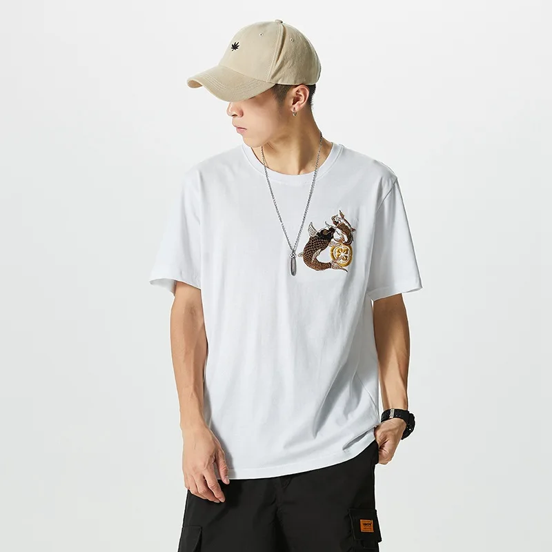 

Chinese style light luxury trend short sleeve men's T-shirt summer loose round neck leisure fashion carp embroidery dragon