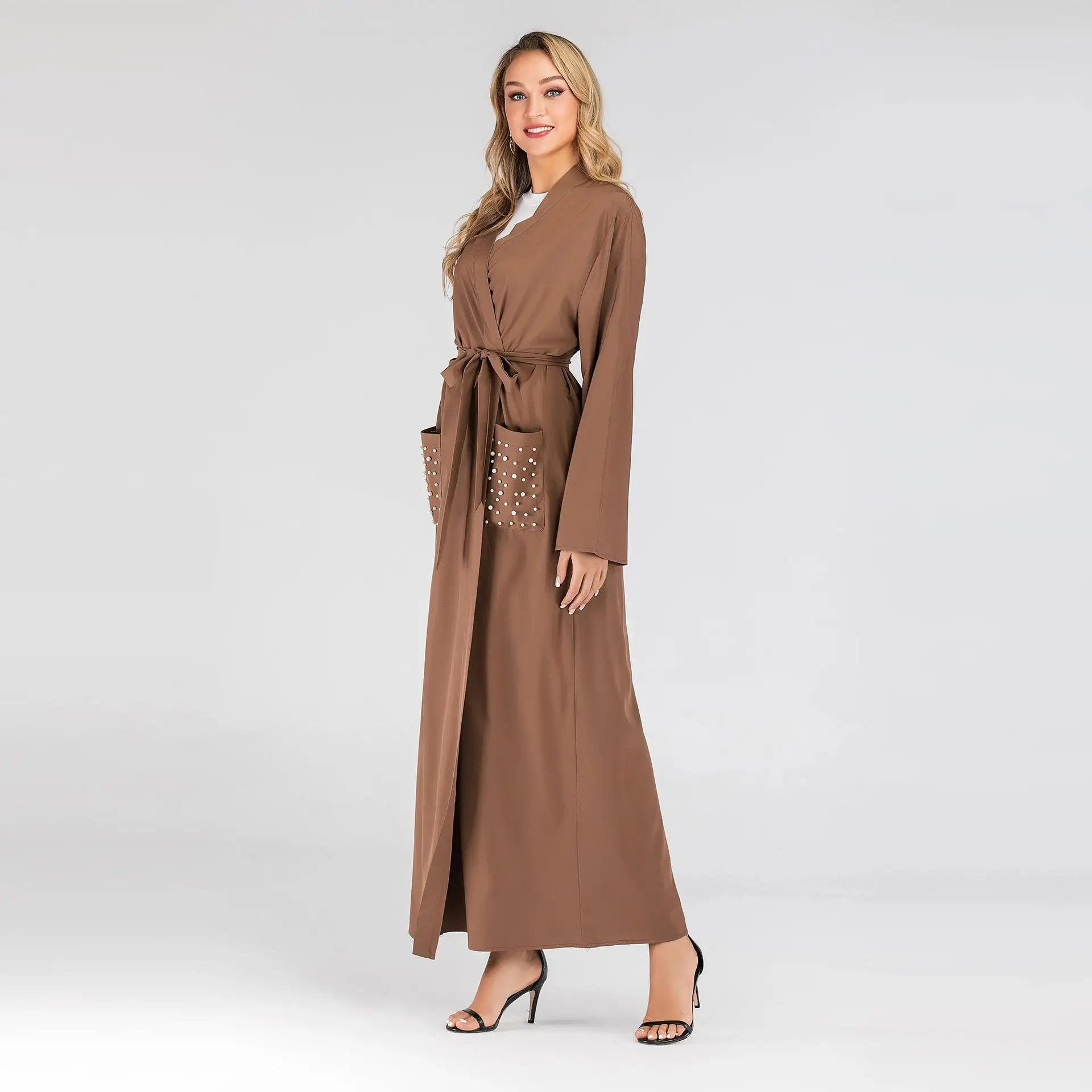 Dubai Muslim Abaya Women Open Cardigan Kimono Islamic Jilbab Kaftan Maxi Dresses Beading Pockets Arab Long Sleeve 2019 Autumn |