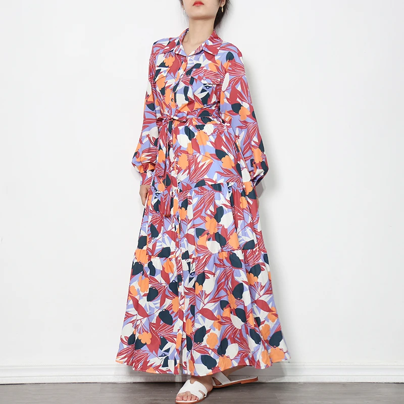 

Платье-миди женское с отложным воротником, длинным рукавом и высокой талией