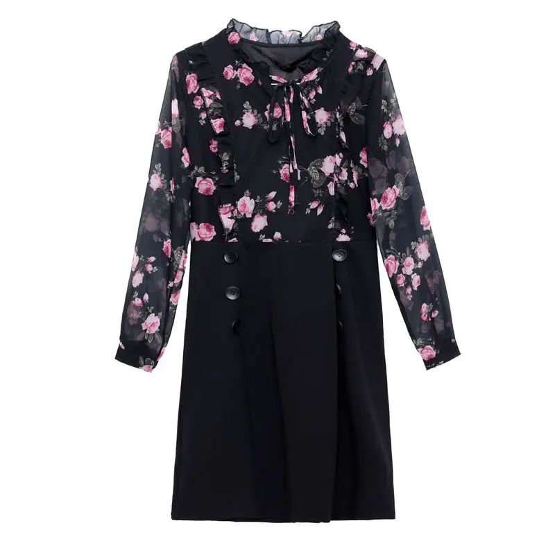 

2021 Women Vintage 4XL Plus Size Long Sleeve Dress Spring Black Print Chiffon Patchwork Mini Dress Elegant Bodycon Party Vestido