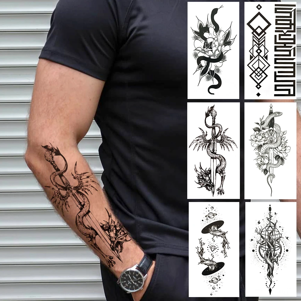 Временная тату Dragon King для мужчин женщин мальчиков змея цветок искусственная