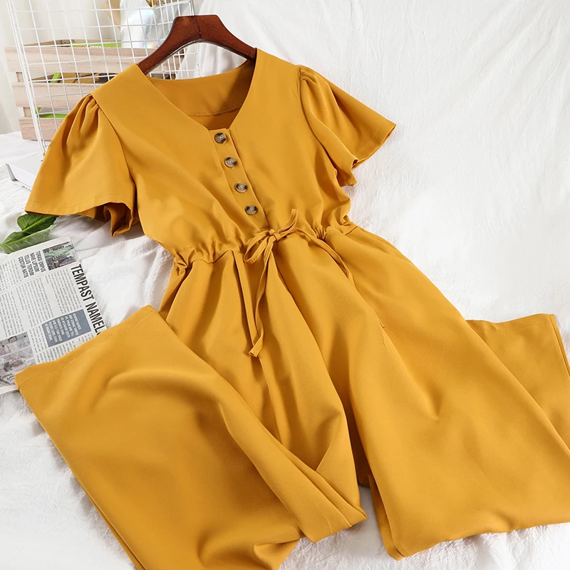 

Vintage V-Neck Single Breasted Wide Leg Romper Women Elegant Short Sleeve High Waist Loose Casual Jumpsuit 2021 Summer Playsuits