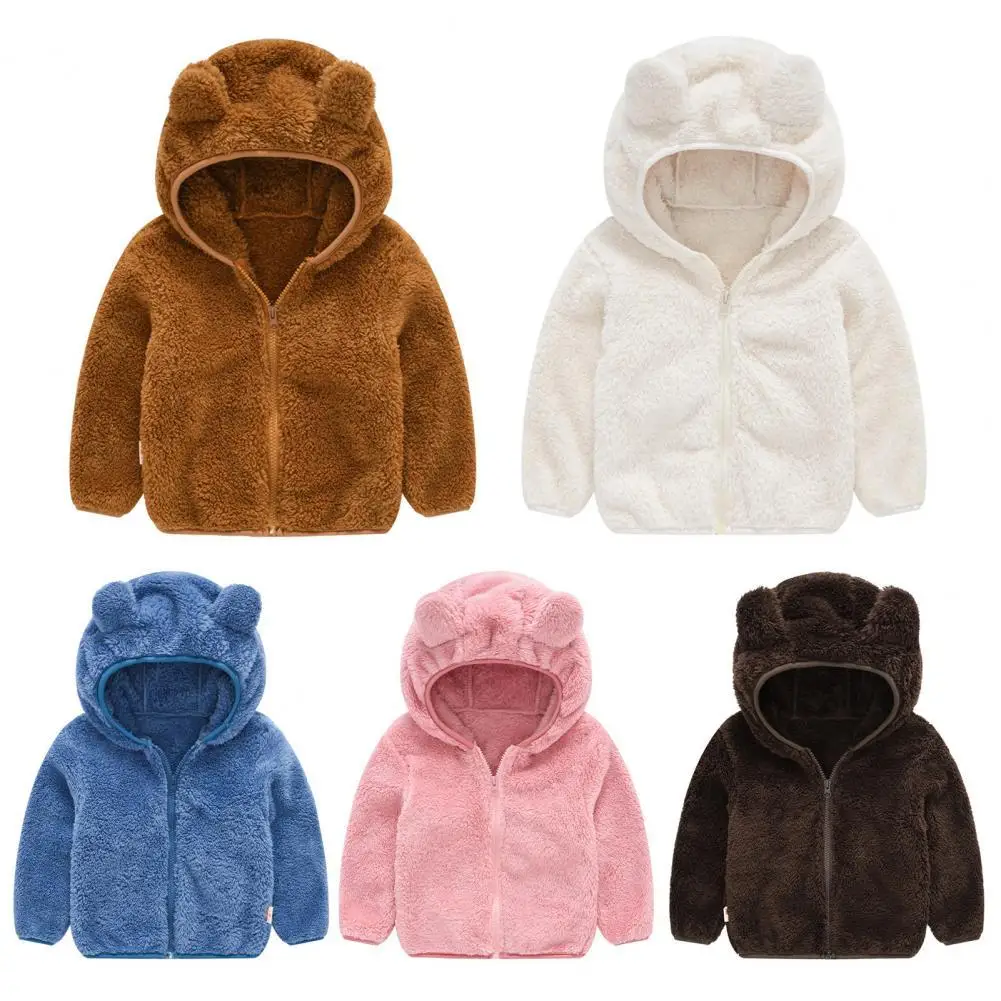 

Плюшевая толстовка с капюшоном Bear Ears на молнии, Осень-зима, однотонная детская теплая пушистая куртка, верхняя одежда для мальчиков и девоче...