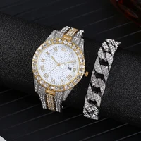 iced out bracelet watches for men women luxury full iced out watch quartz wristwatch hip hop gold diamond mens watch set reloj