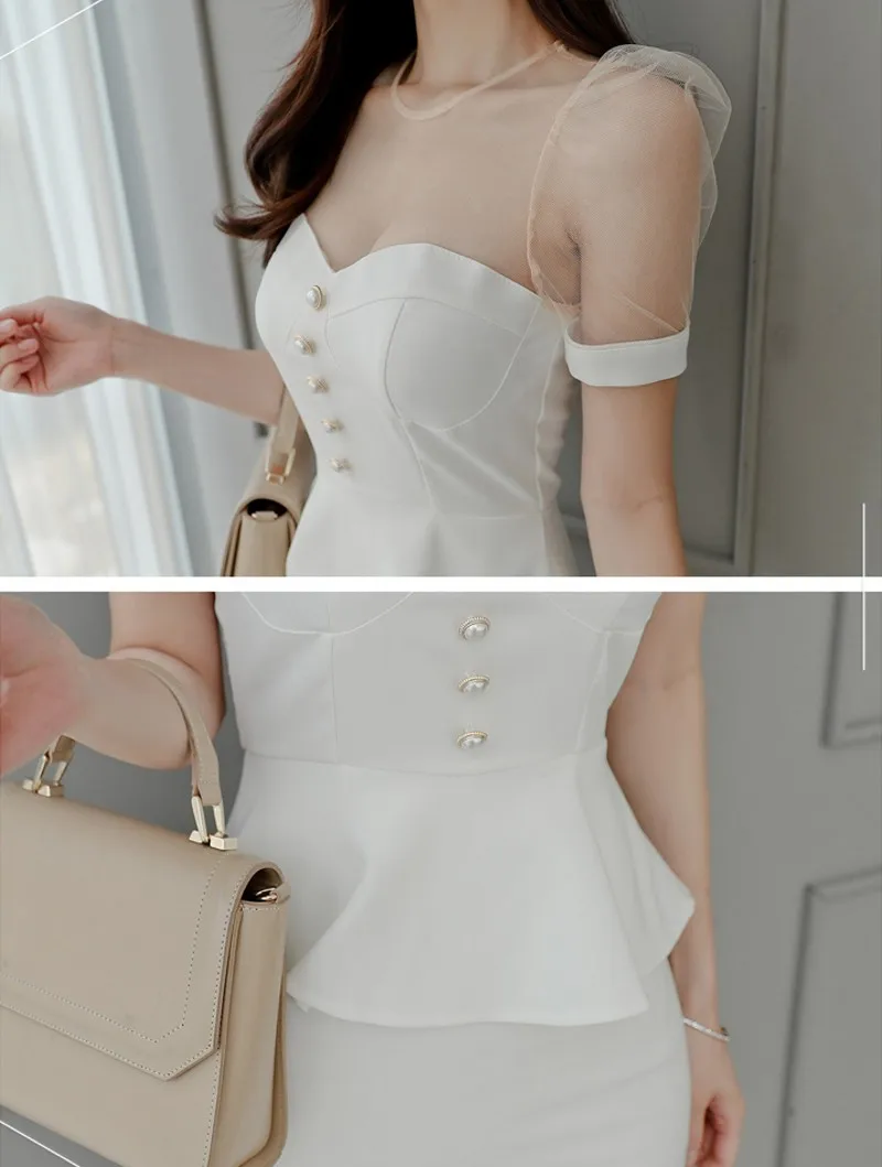 

2021 summer fashion temperament Elegant women O neck short sleeve Slim Sheath Bodycon Fake two dresses Vestidos