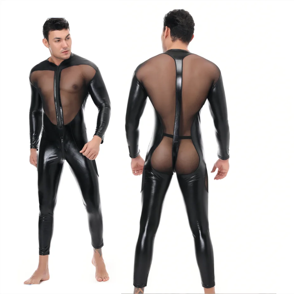 

Sexy imitation leather men's sexy underwear nightclub stage performance clothing performance clothing mesh stitching bodysuit