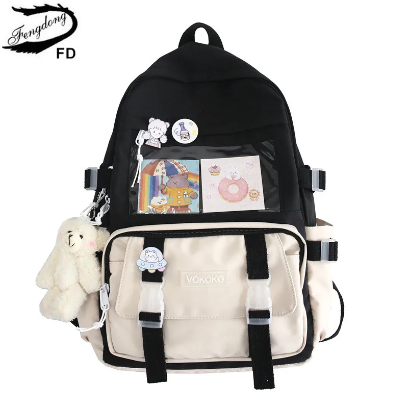 "Женский рюкзак с медведем Fengdong, черный школьный рюкзак для девочек-подростков, с принтом медведя, осень"