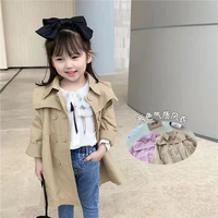 girls mid length loose color matching trench coat 2021 spring for children button belt outerwear coats kids school wear coat