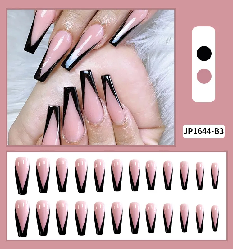

24pcs Black Pink Printed Nail Patch Square Head Glue Type Removable Long Paragraph Fashion Manicure False Nail Patch