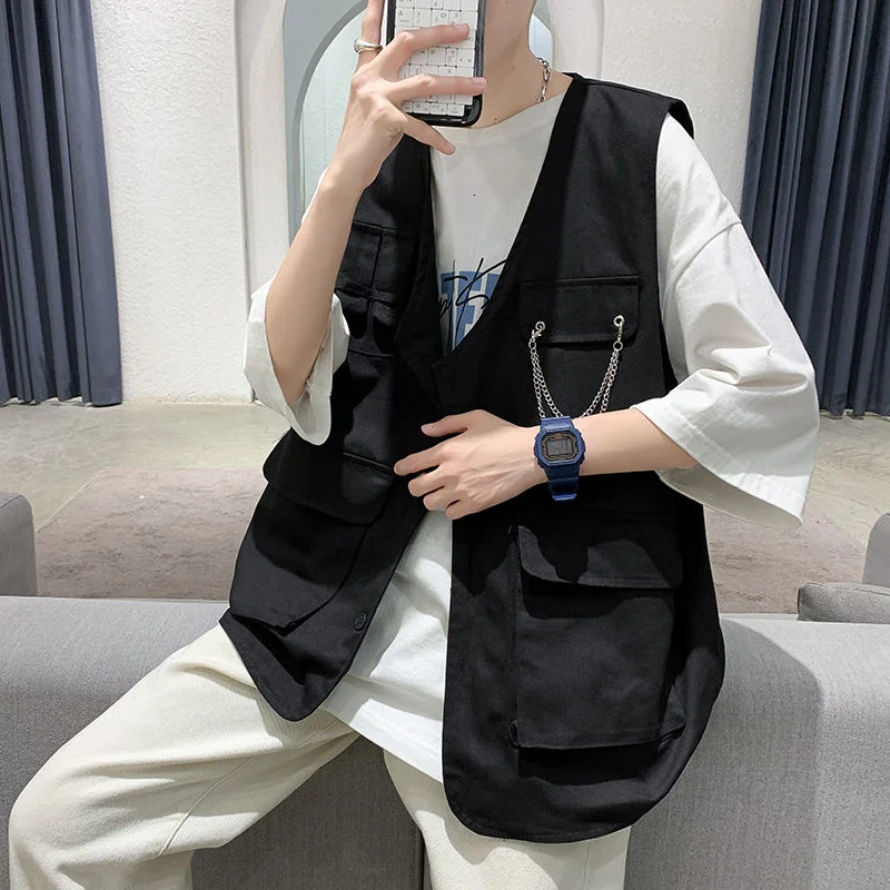 

Vest Summer Workwear Chain Loose Jacket Trend Hip Hop Streetwear Multi-pocket Sleeveless Jacket Casual Men's Clothes Outerwear