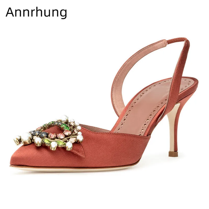 Женские атласные сандалии с острым носком туфли на шпильке украшением в виде