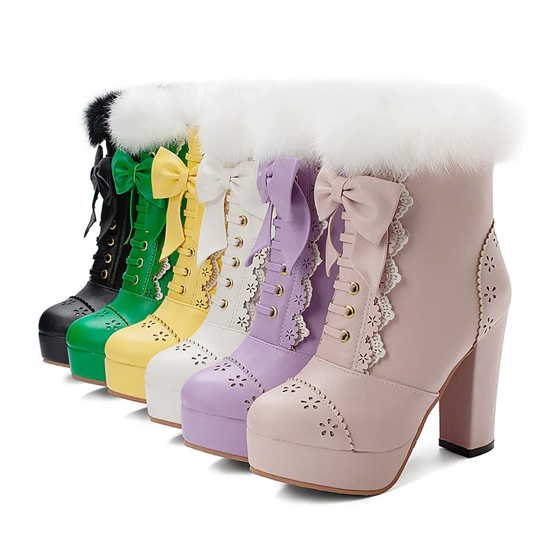 Odetina женские кроличья меховая платформа молния блочный высокий каблук ботильоны