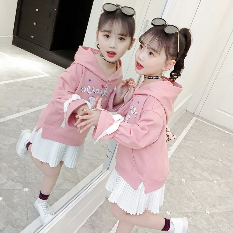 2019 Autumn Children's Fashion Casual Sweatshirt Hoodies Gilrs Long Sleeve Pleated Skirt Cute Coat Tops Sweater | Мать и ребенок
