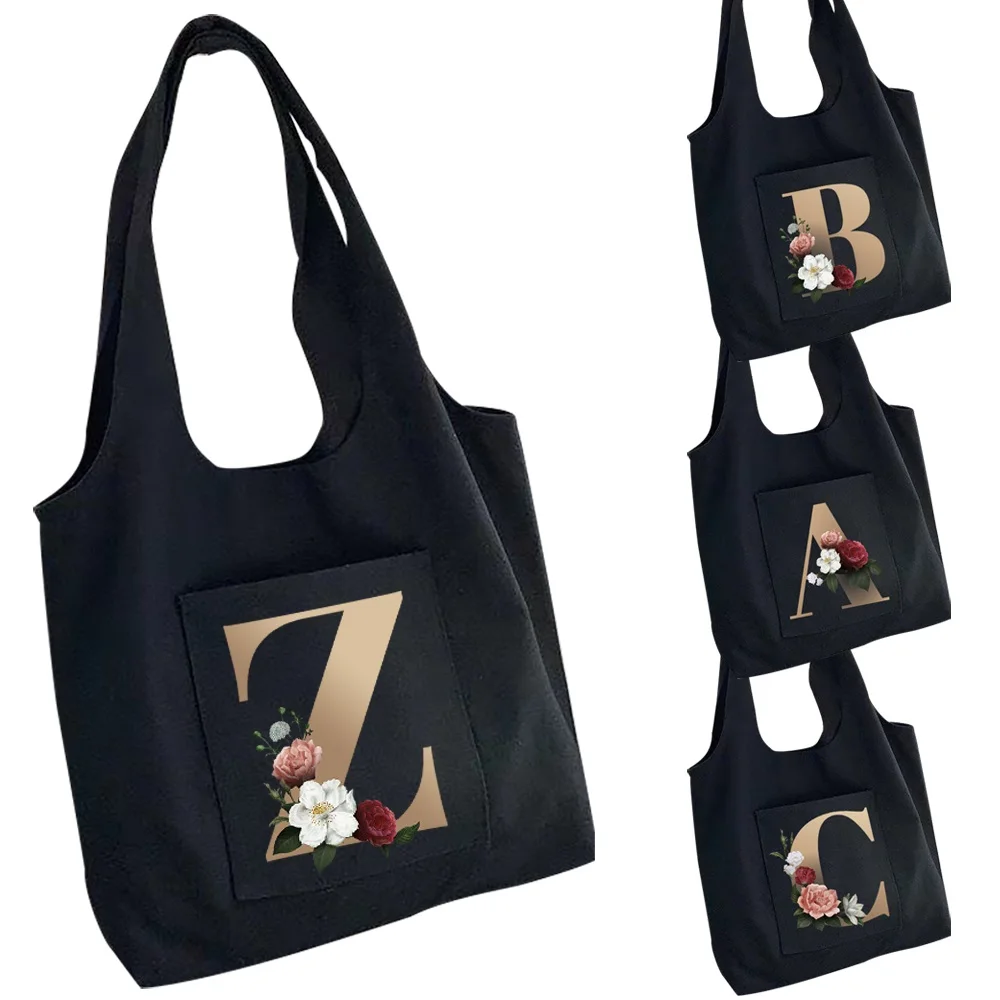 

Women Bag Canvas Bag Large Capacity Travel Tote Bag Printing 26 Letters Hot Flower Gold Portable One-shoulder Shopping Bag