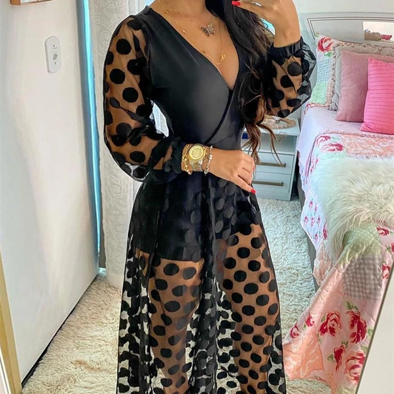 

See Through Party Wedding Formal Elegant Boho V Neck 2021 Women's Clothing Spring Polkadot Print Wrap Long Sleeve Maxi Dress