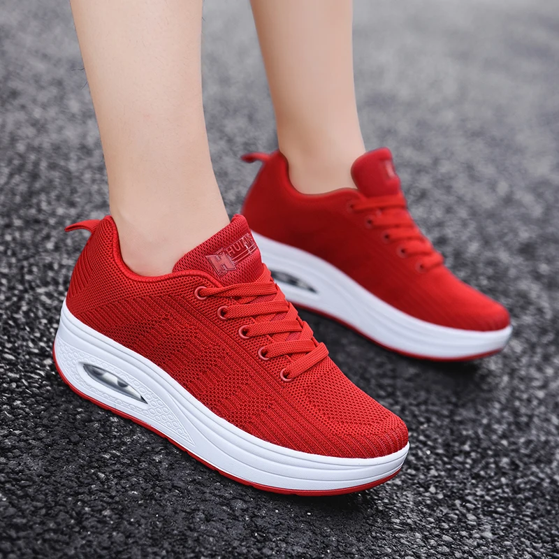 Women Running Shoes Height Increasing Platform Sneakers Woman Breathable Air Cushion Lace-up Slimming Shoes