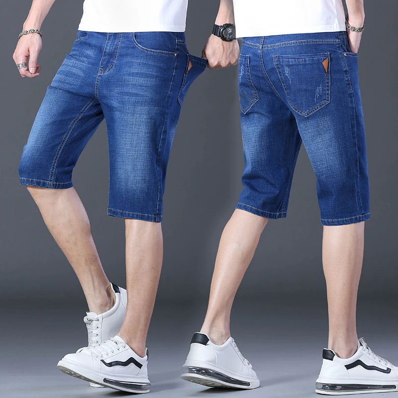 

Blue Black Men'S Trendy Denim Shorts Summer New Business Casual Stretch Straight Cowboy Cropped Trousers Male Brand Slim Pants