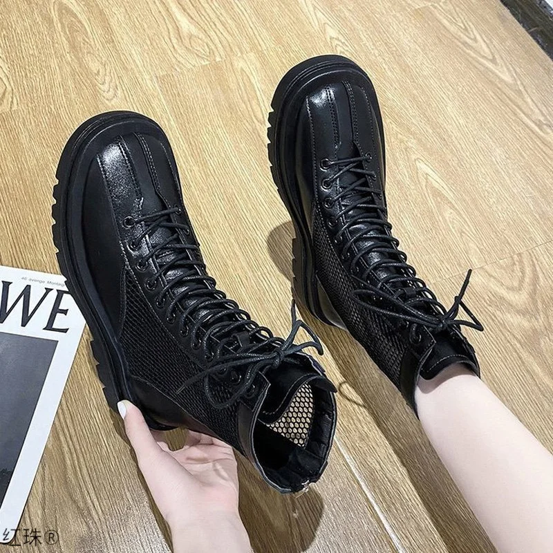 Женские летние сетчатые Крутые ботинки ботильоны на массивной платформе с