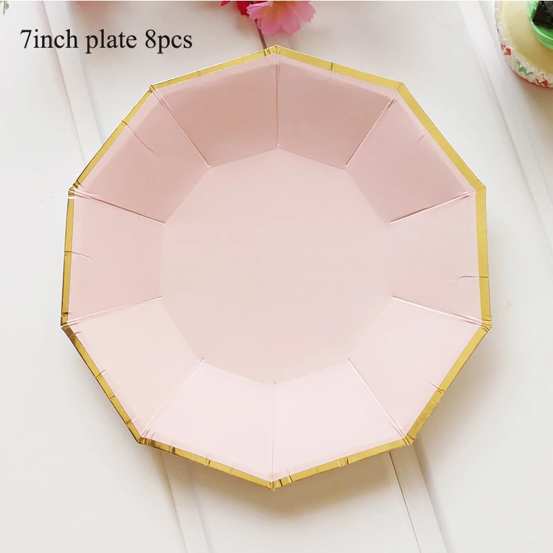 7inch plate 8pcs Розовое золото, розовый бумажные тарелки для вечеринки одноразовая посуда вечерние декоративная ткань посуда тарелки салфетки для стаканчиков набор соломинок для вечеринок - Цвет: 7inch plate 8pcs