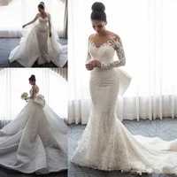 mermaid wedding dresses sheer neck long sleeves illusion full lace applique bow overskirts button back chapel train bridal