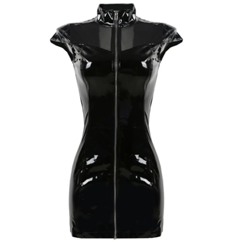 Черное облегающее платье из ПВХ кожи без рукавов с молнией спереди латексное