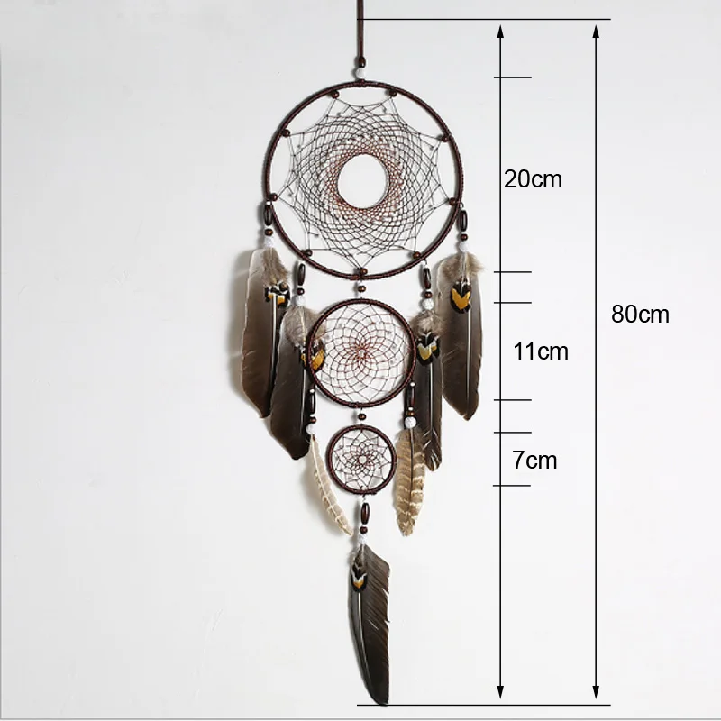 Ловец снов ручной работы 3 сетки с перьями 80 см|Ловцы и подвесные украшения| |