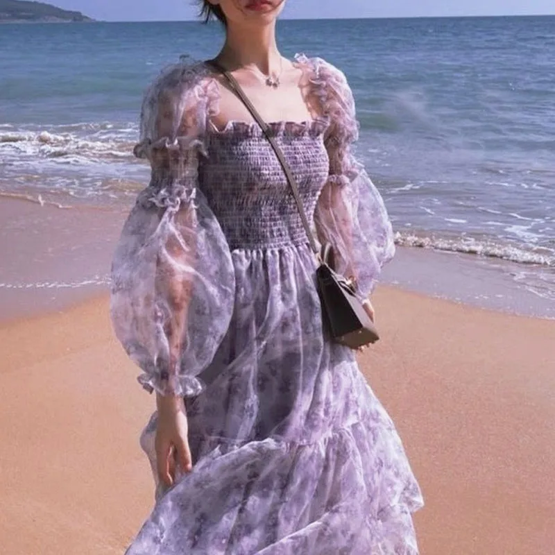 

Summer Lace Puff Sleeve Square Neck Dress Female Bohemian Beach Floral Korean Dresses Free Shipping