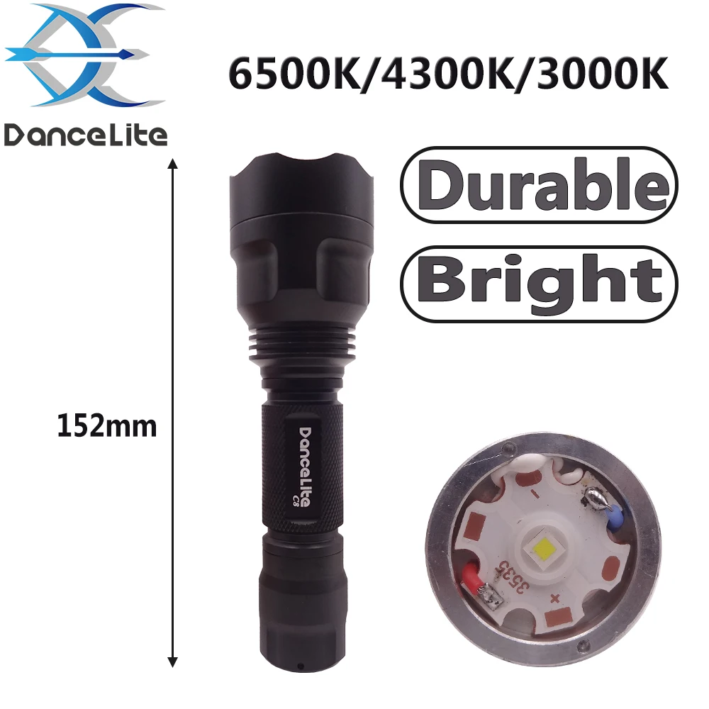 Светодиодный прочный фонарик DanceLite C8 XP-L Hi V3 200 м дальность освещения 6500K/4300K/3000K DTP