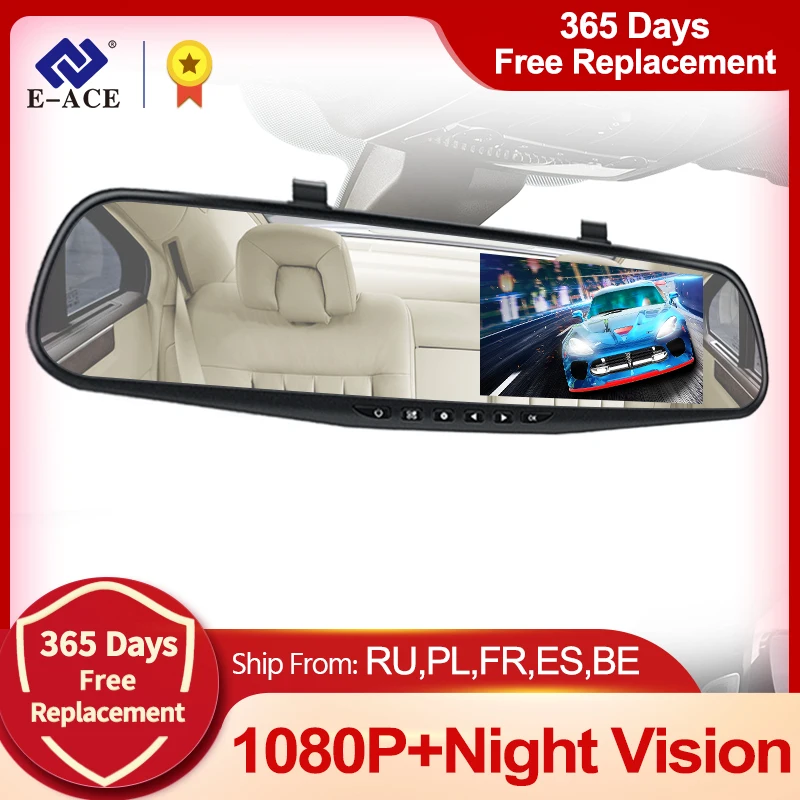 E ACE Dashcam белый зеркало заднего вида Dvr 4 3 дюймов тире камера FHD 1080P Авто регистратор Поддержка камеры