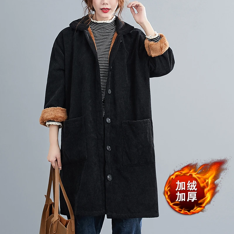 2021 autumn winter new literary fan corduroy cotton-padded coat cotton-padded jacket women mid-length warm plus velvet coat s569