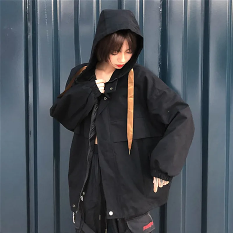 

2020 New Spring Autumn tooling Jacket Women Korean Loose Hooded Oversized Short bf Windbreaker Coats Girls Outerwear X371