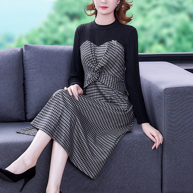 

Knitting Loose Women Dresses New Fashion Splicing O-neck Long Sleeve Dress Autumn A-LINE Mid-Calf Houthion