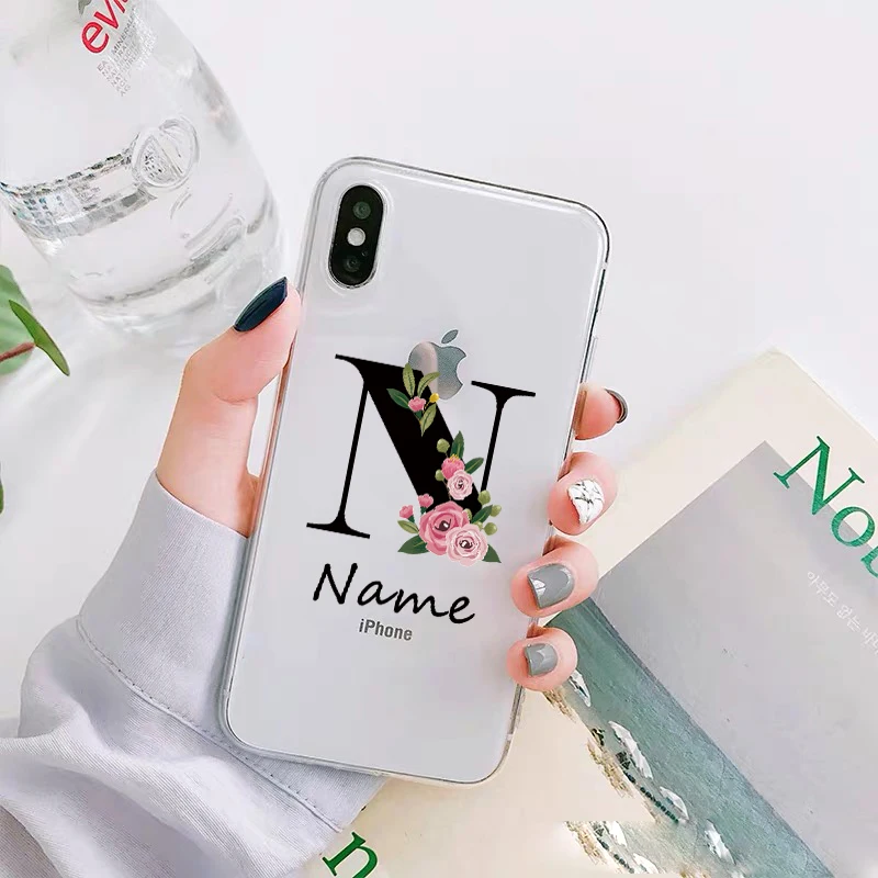 flowers diy for iphone 11 12 13 pro mini custom capital letters name phone case for x xs max xr 7 8 plus se new silicone cover free global shipping
