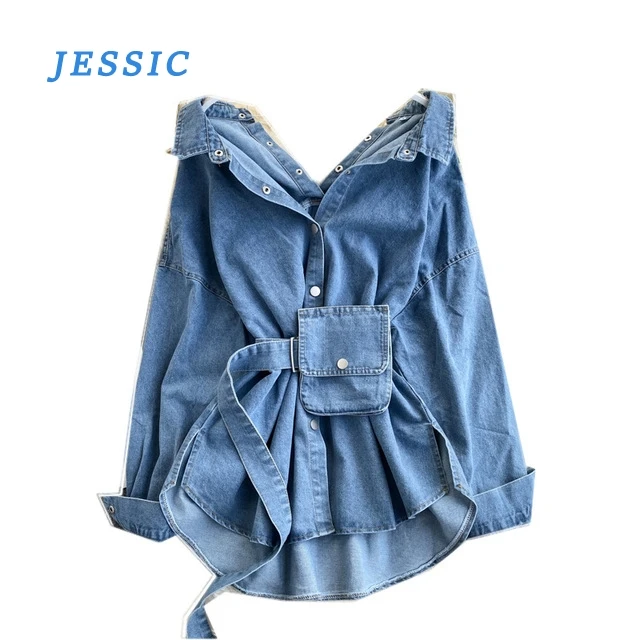 

JESSIC 2020 Spring Autum Women's Solid Denim Dress Female Pocket With Belt Slim Dress Ladys Single Breasted Vintage Dresses