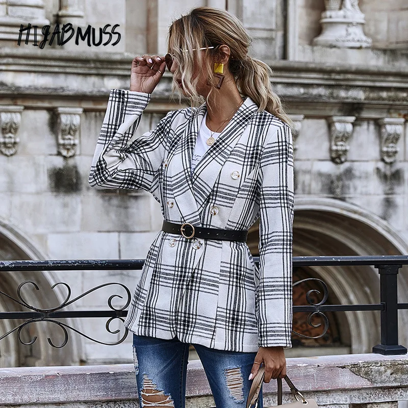 

Women New Casual Slim-fit Plaid Double-breasted Small Suit Jacket 2021 Autumn Long-sleeved Jacket Women's