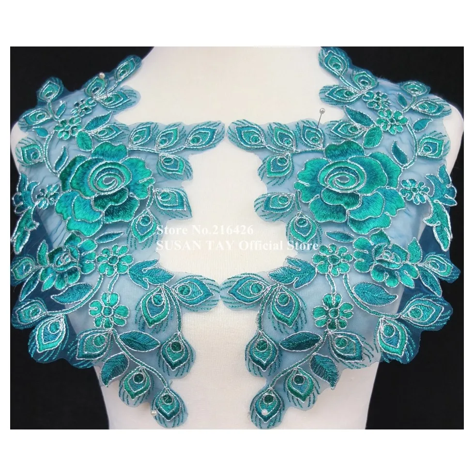 1 пара = 2 шт. x темно синий/Серебряный цветок кружево вышитые аппликации воротники